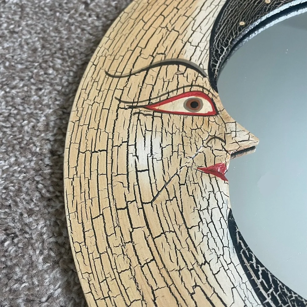 Vintage Painted Wooden Celestial Moon and Stars Wall Mirror / Picture Frame